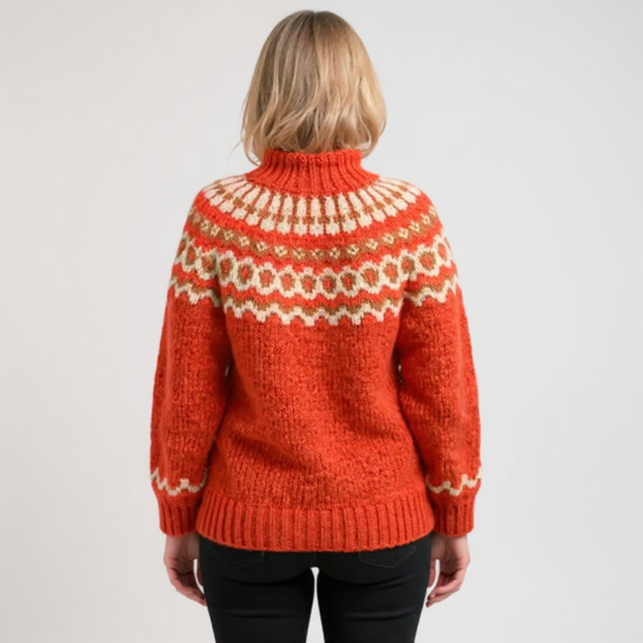 Earthy Toned Nordic Pattern Roll Neck Knitted Sweater