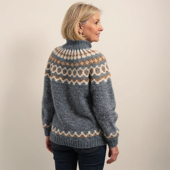 Earthy Toned Nordic Pattern Roll Neck Knitted Sweater