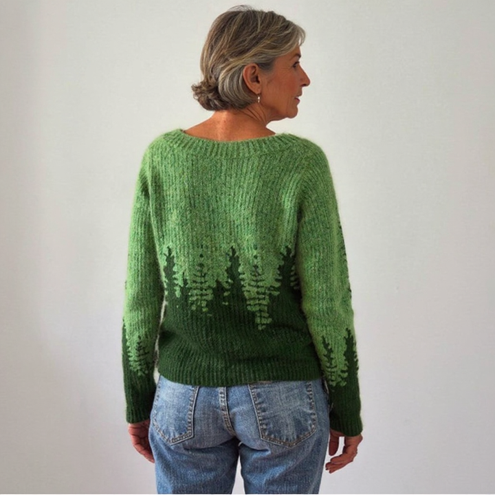 Forest Silhouette Hem Green Knitted Sweater
