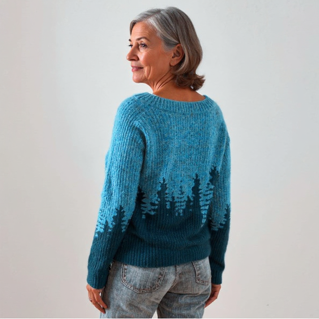 Forest Patterned Blue Knit Sweater