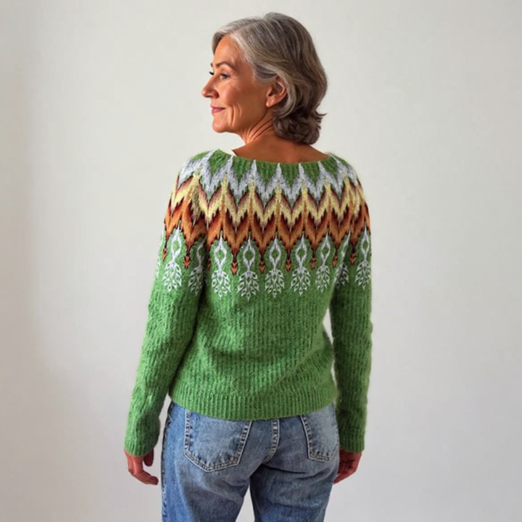 Leaf-Patterned Green Knit Sweater with Decorative Neckline