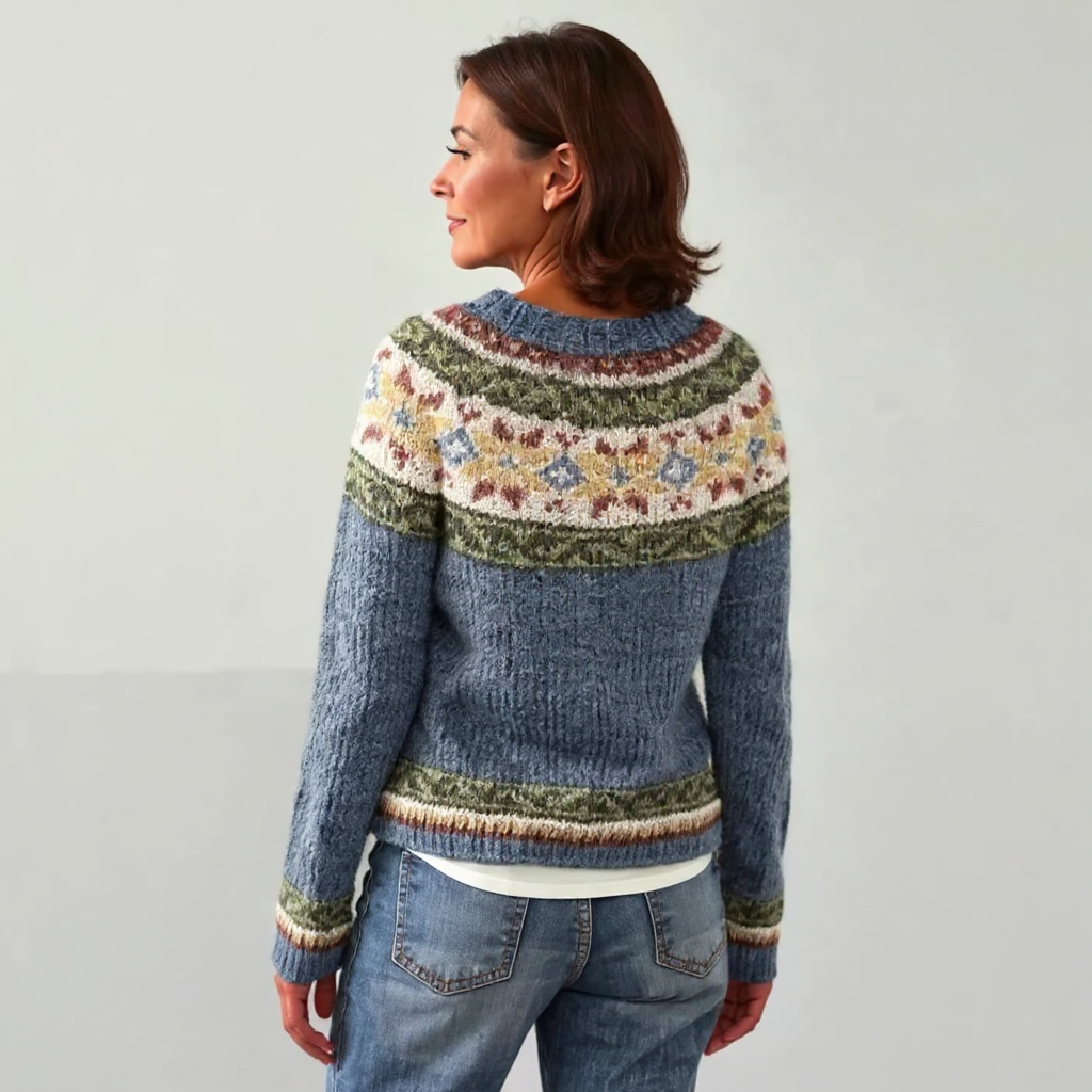 Retro-Patterned Neckline Knitted Sweater