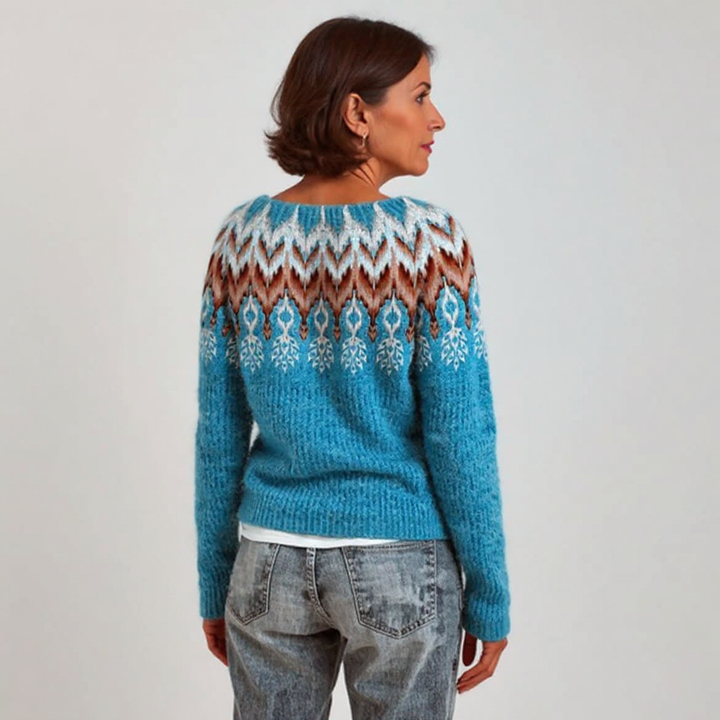 Patterned Knitted Sweater in Warm and Cool Hues