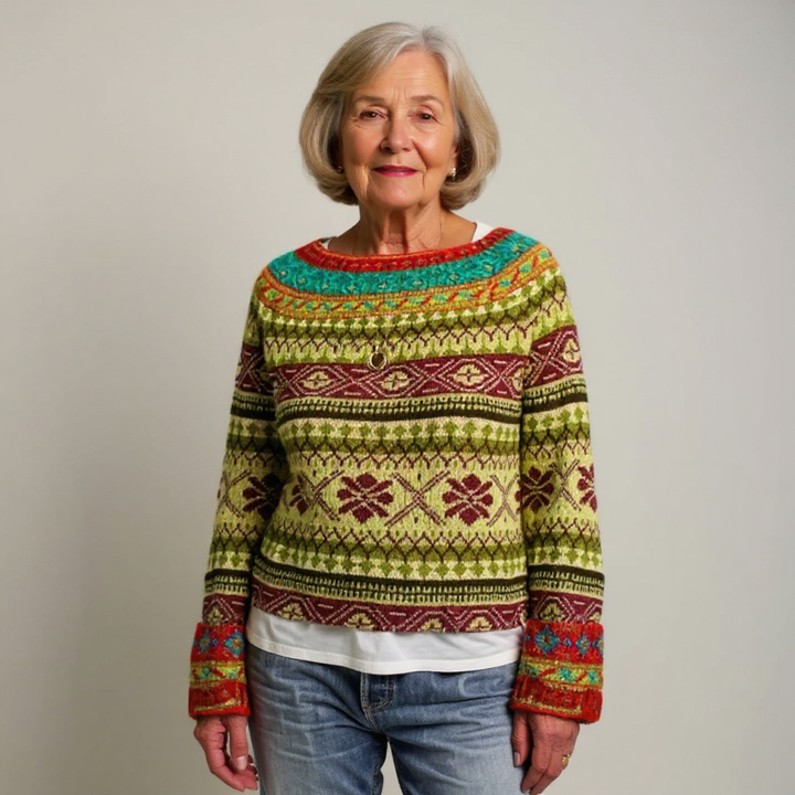 Bohemian Knit Sweater Featuring Green, Burgundy, and Turquoise Design
