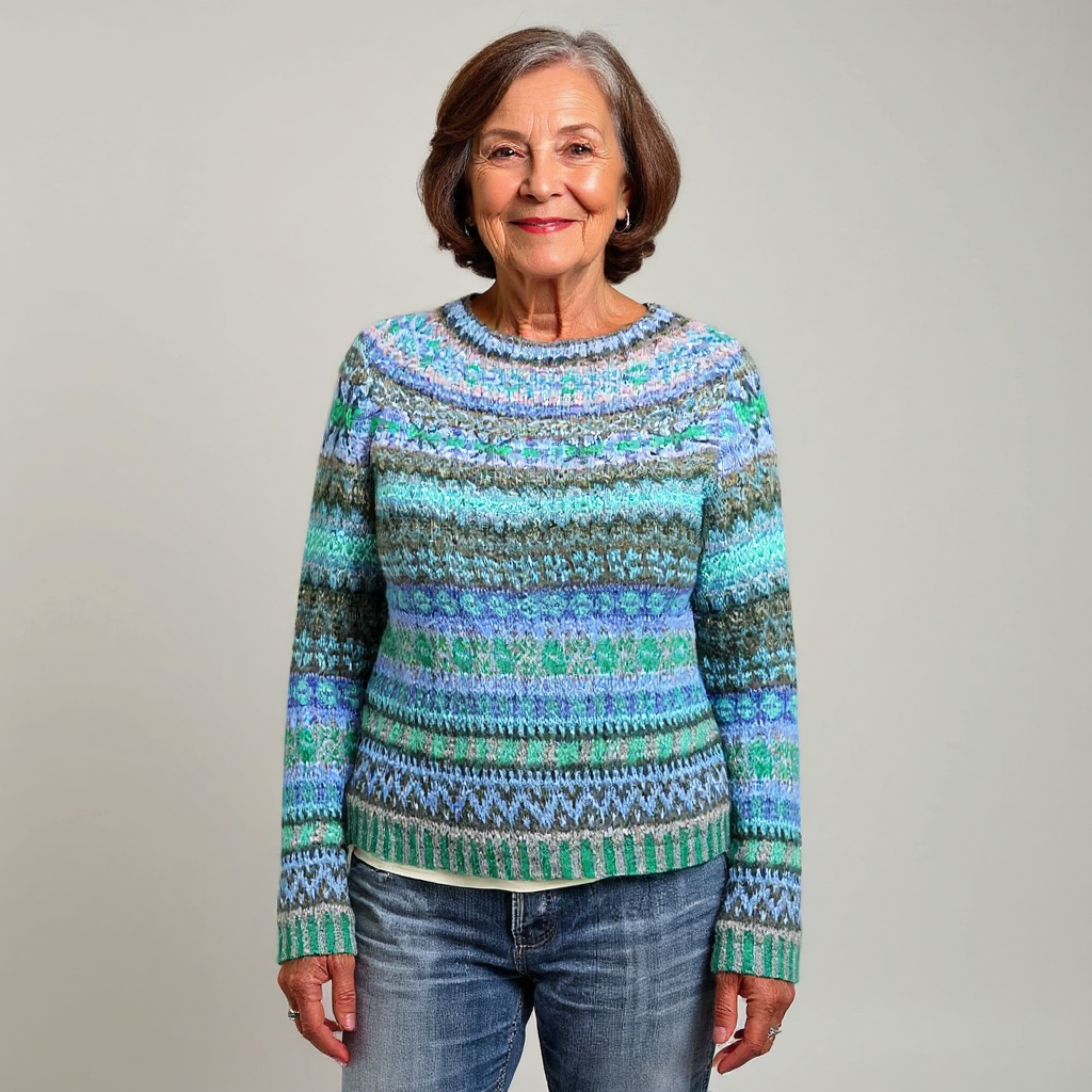 Intricately Patterned Knitted Jumper in Mint and Blue Shades