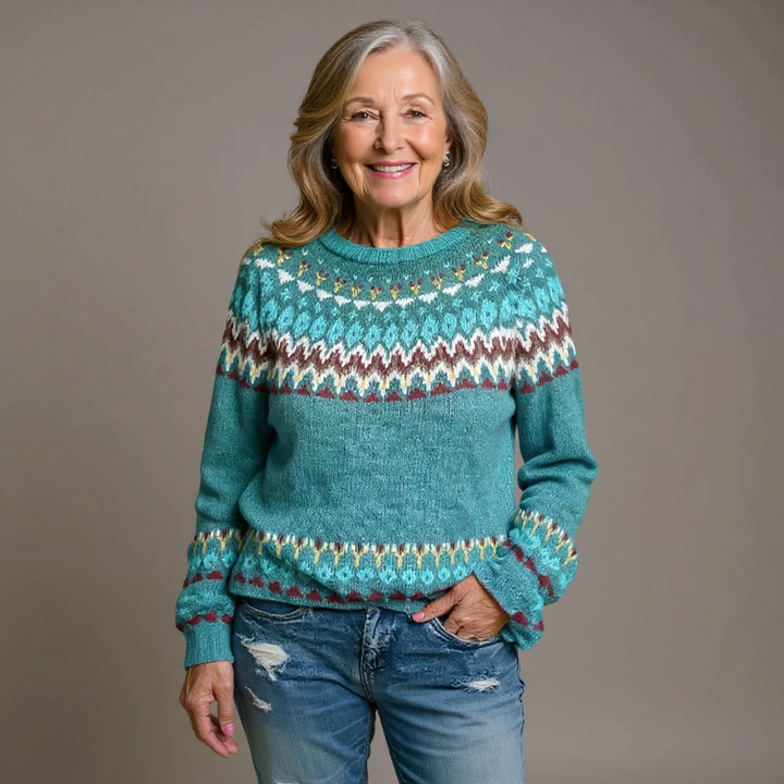 Contrasting Pattern Petrol Blue Knitted Sweater