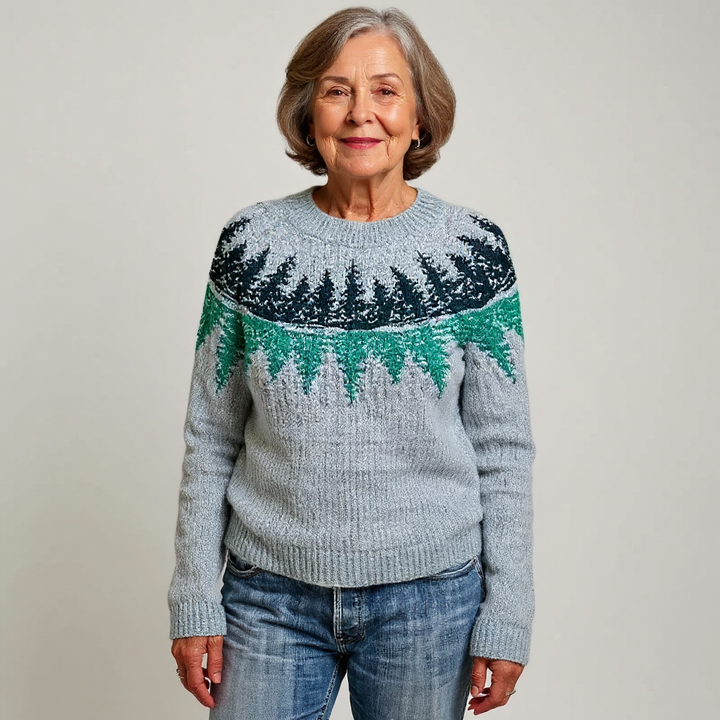 Grey Knit Sweater Featuring Green Forest Design
