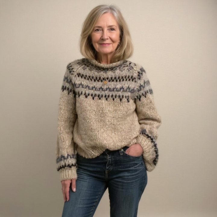 Earthy Toned Knitted Sweater with Decorative Neckline Pattern