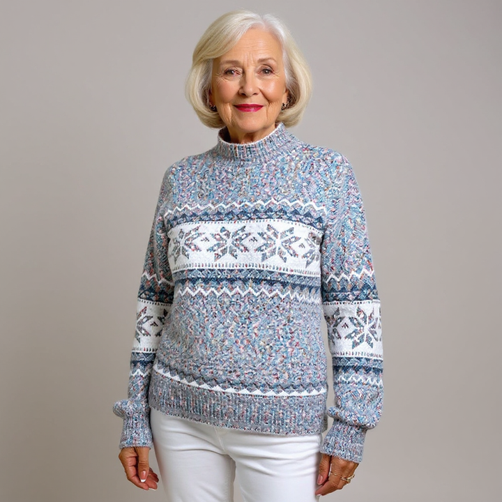 Pastel Toned High-Collar Knitted Sweater with Snowflake Design