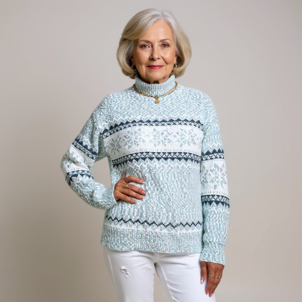 Pastel Toned High-Collar Knitted Sweater with Snowflake Design