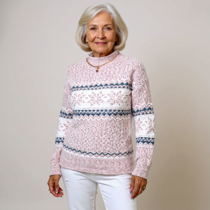 Pastel Toned High-Collar Knitted Sweater with Snowflake Design