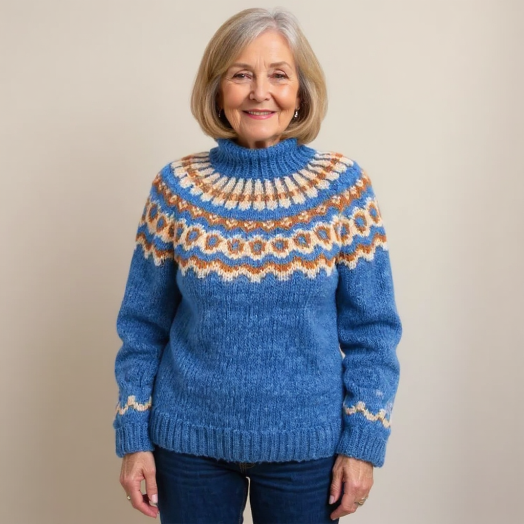 Earthy Toned Nordic Pattern Roll Neck Knitted Sweater