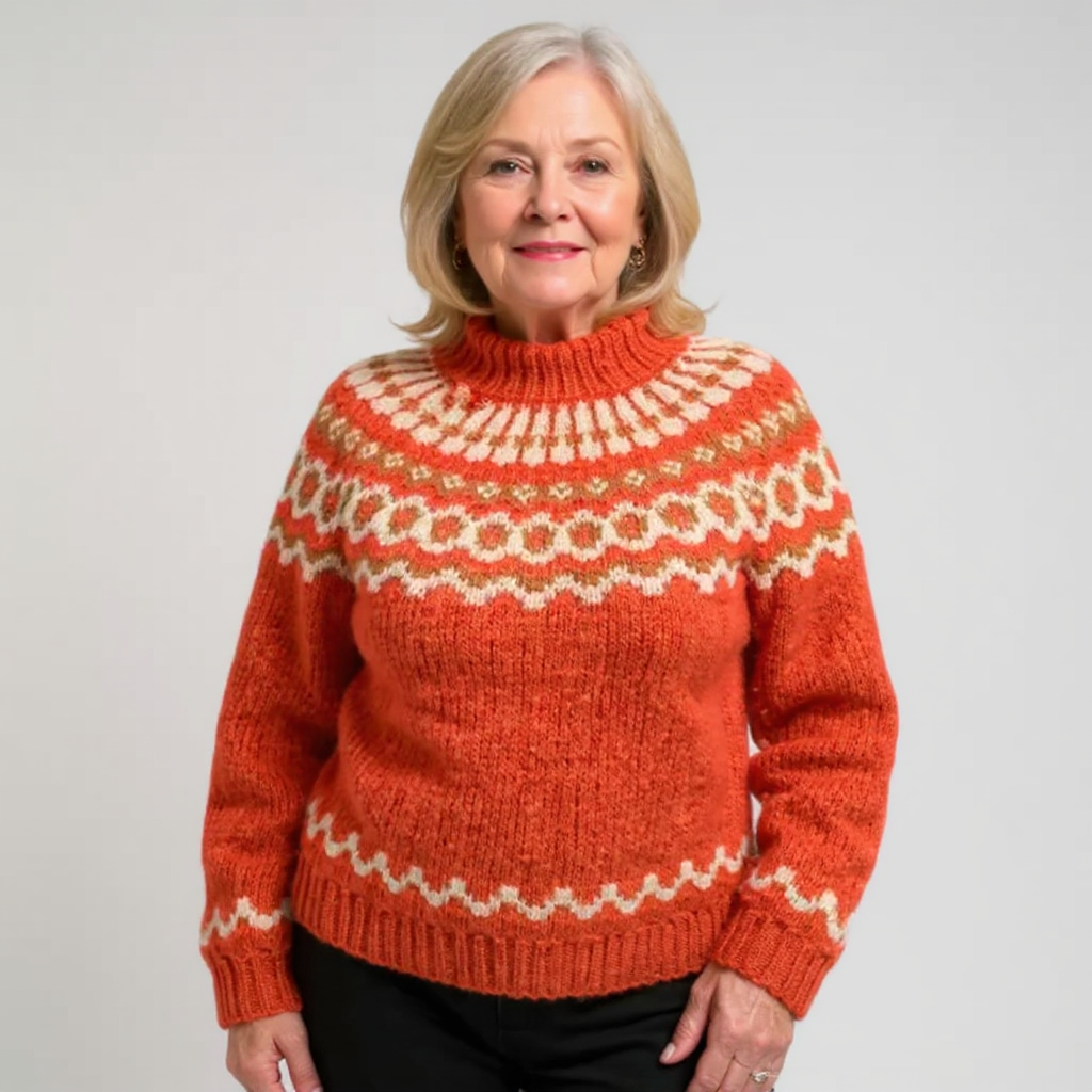 Earthy Toned Nordic Pattern Roll Neck Knitted Sweater