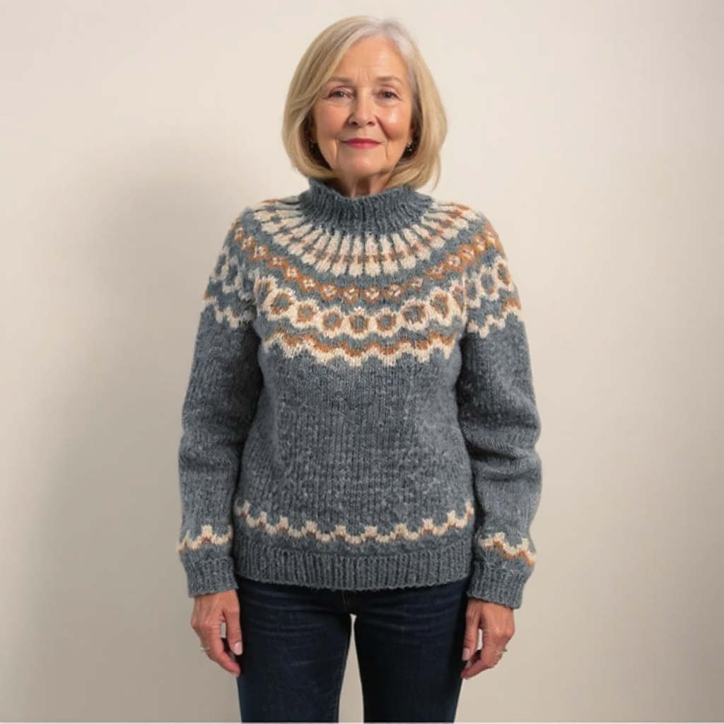 Earthy Toned Nordic Pattern Roll Neck Knitted Sweater