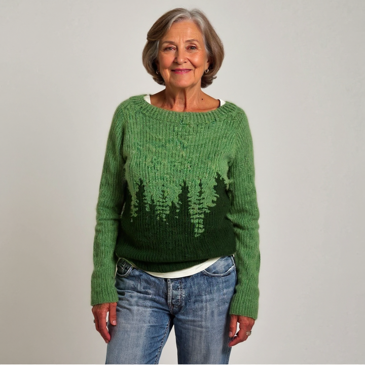 Forest Silhouette Hem Green Knitted Sweater