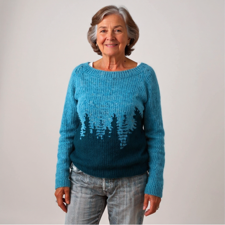 Forest Patterned Blue Knit Sweater