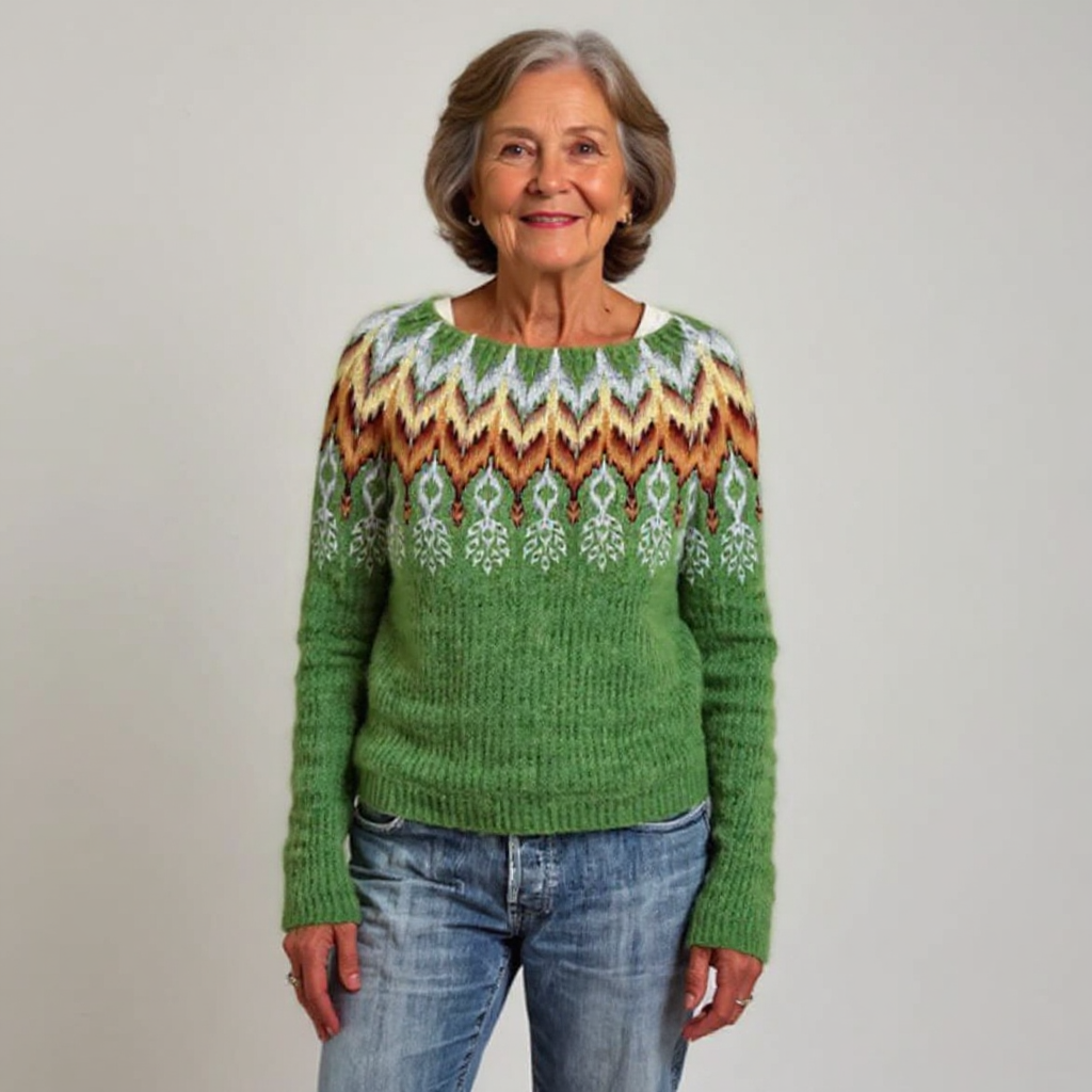 Leaf-Patterned Green Knit Sweater with Decorative Neckline