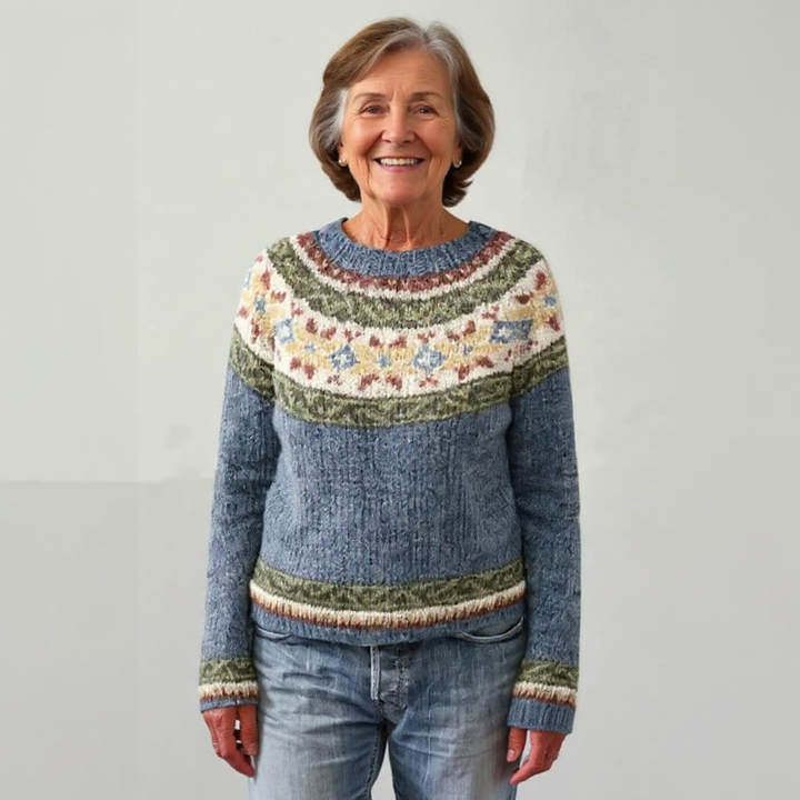 Retro-Patterned Neckline Knitted Sweater