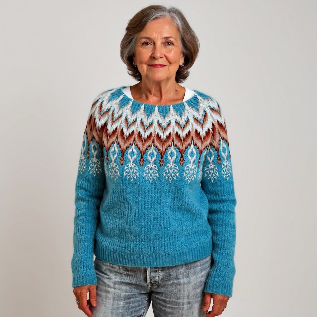 Patterned Knitted Sweater in Warm and Cool Hues
