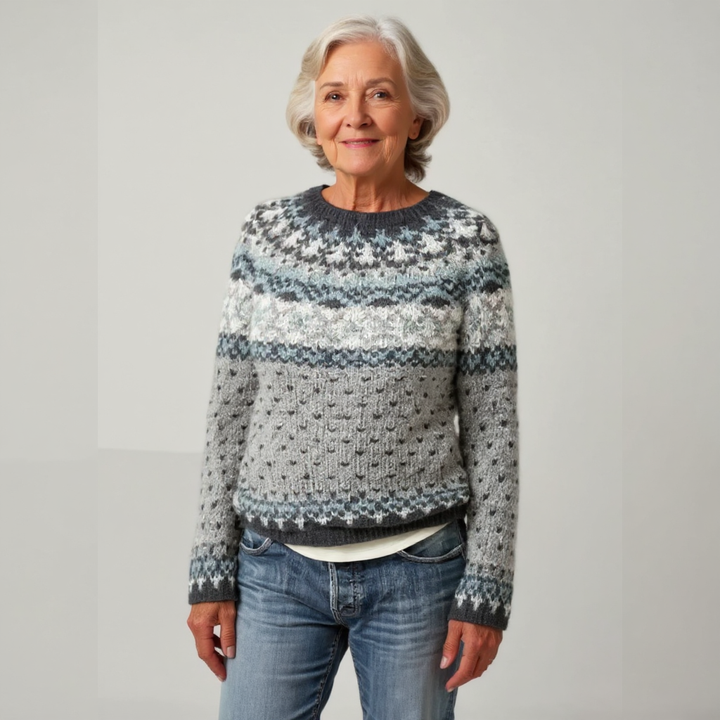 Grey, White, and Soft Blue Nordic Knit Sweater