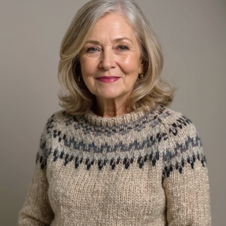 Earthy Toned Knitted Sweater with Decorative Neckline Pattern