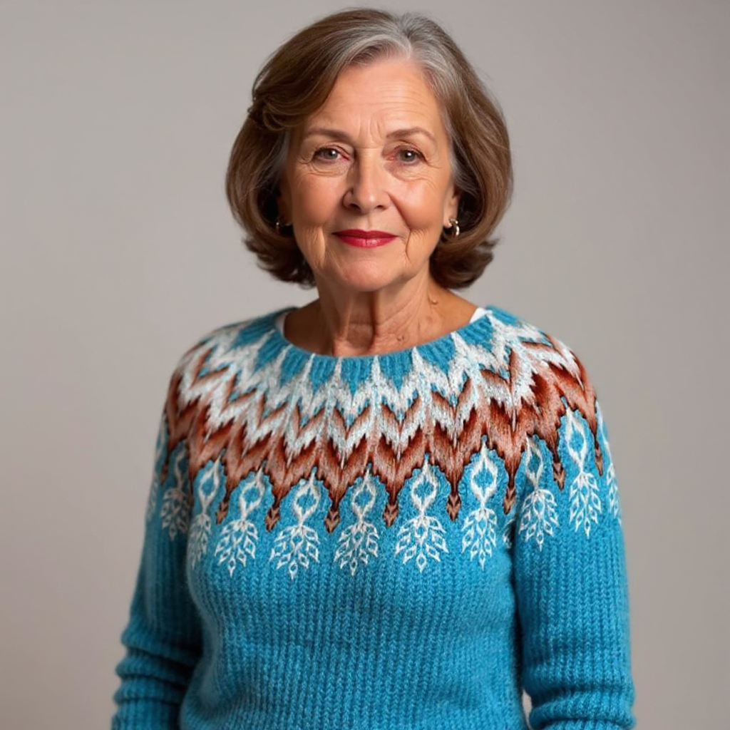 Patterned Knitted Sweater in Warm and Cool Hues