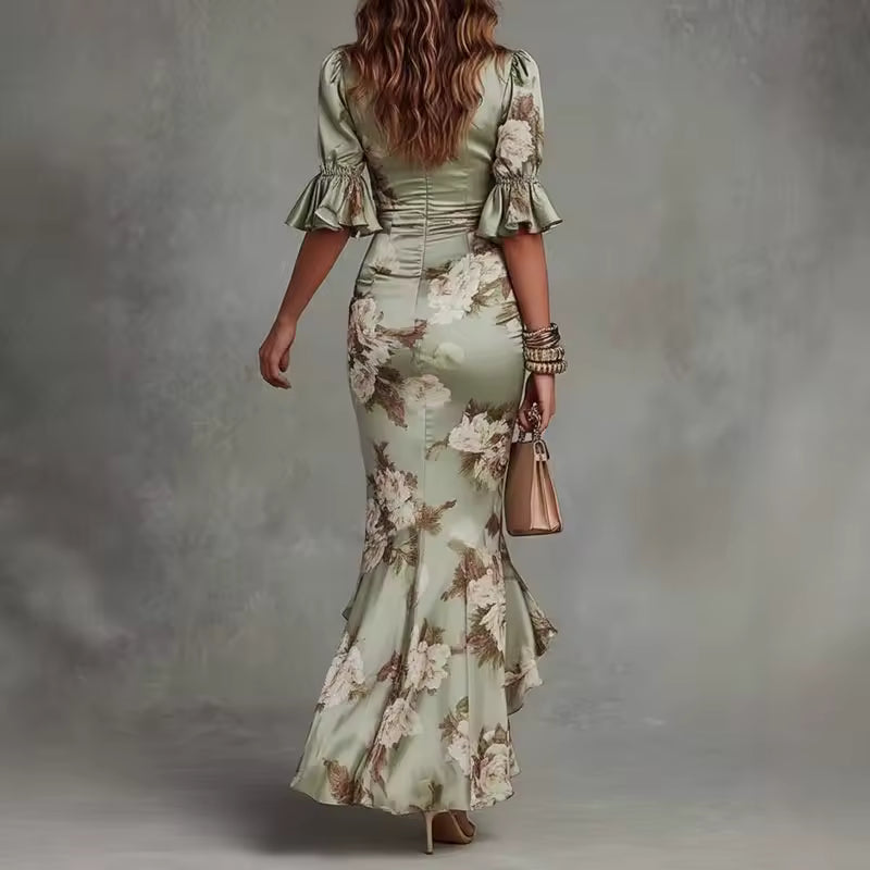 Lucia | Long Asymmetrical Satin Robe with Floral Pattern
