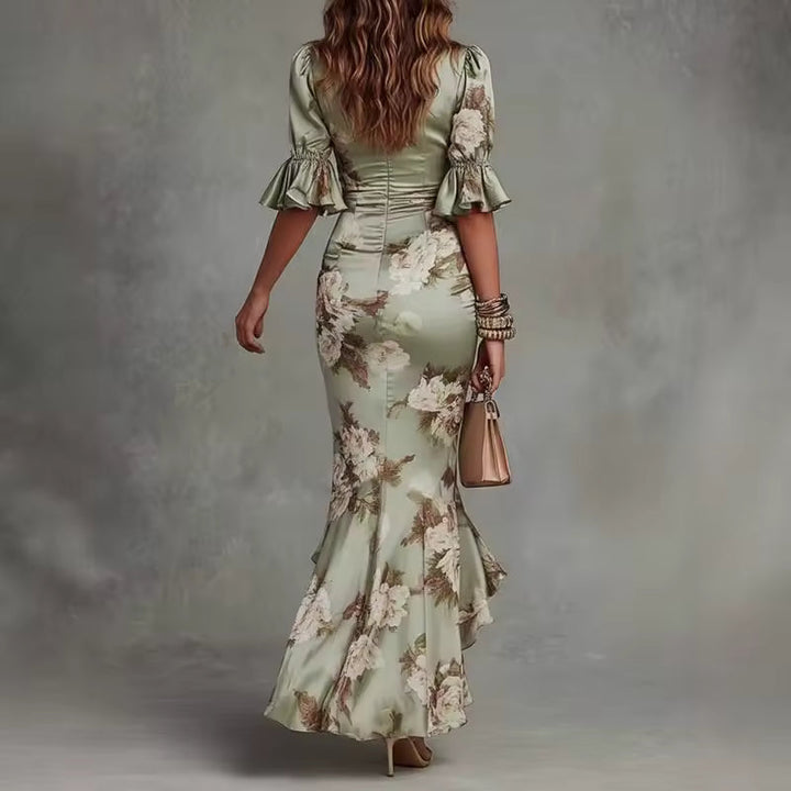 Lucia | Long Asymmetrical Satin Robe with Floral Pattern