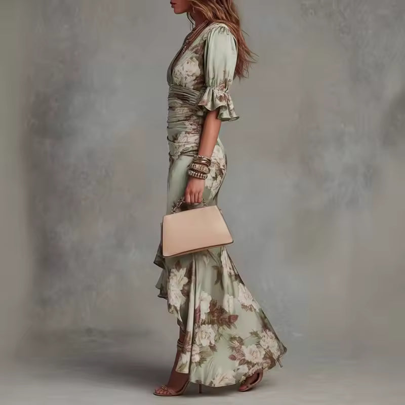 Lucia | Long Asymmetrical Satin Robe with Floral Pattern