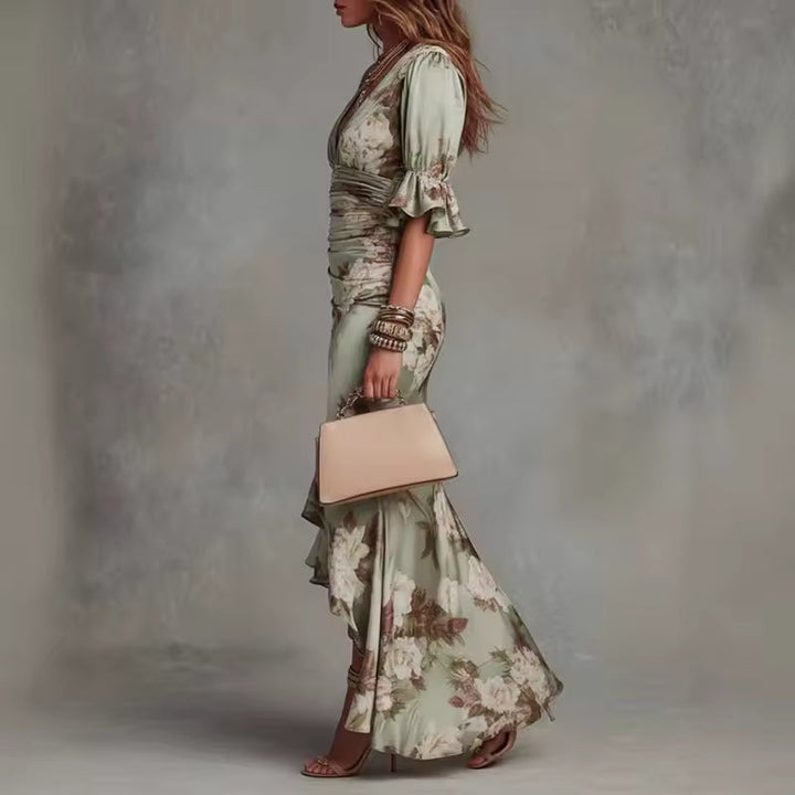 Lucia | Long Asymmetrical Satin Robe with Floral Pattern