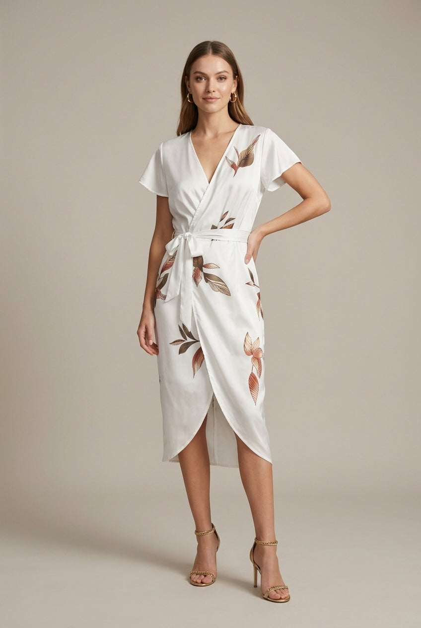 Stanislava | Leaf Pattern Shiny Wrap Midi Dress
