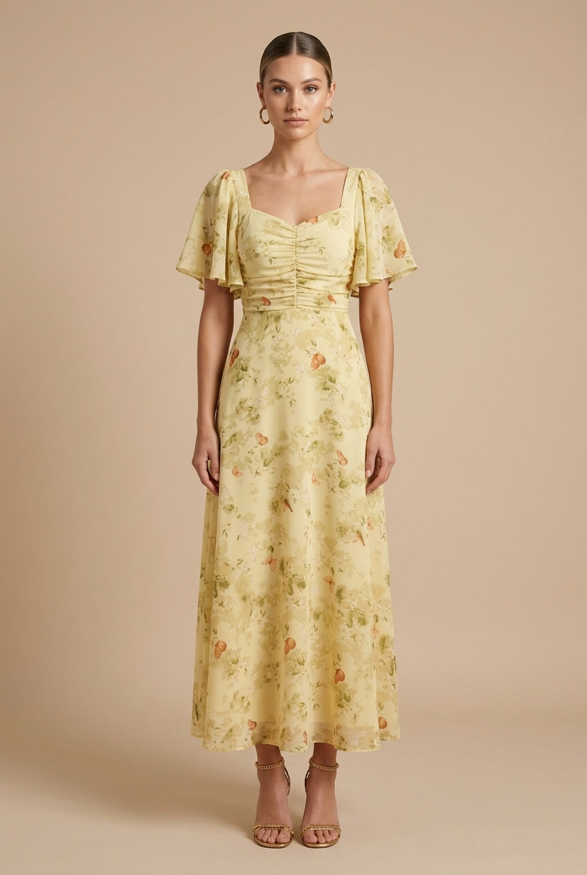 Rebeka | Floral Maxi Dress Featuring Square Neckline and Ruffled Sleeves