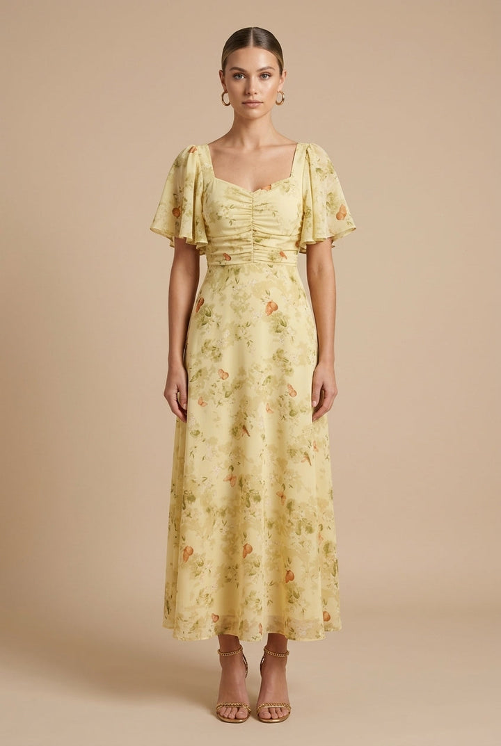 Rebeka | Floral Maxi Dress Featuring Square Neckline and Ruffled Sleeves