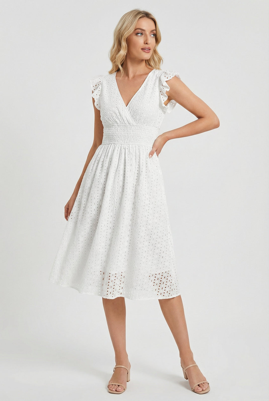 Natália | Embroidered Midi Dress with Madeira Design and Ruffled Waist
