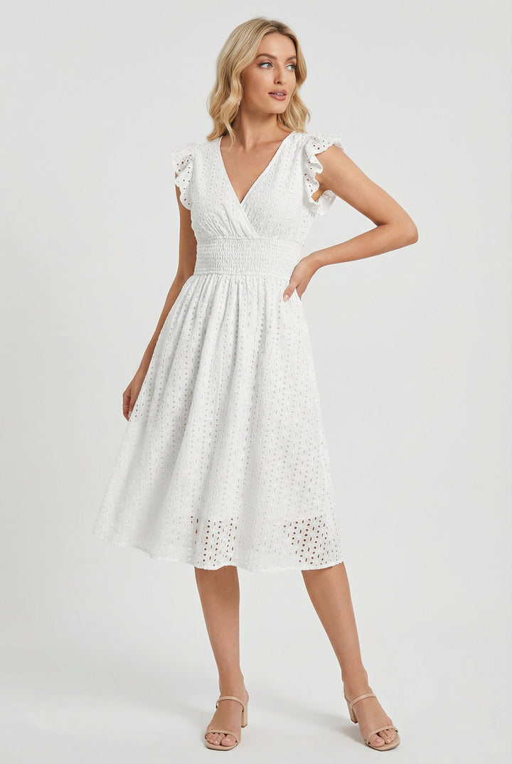 Natália | Embroidered Midi Dress with Madeira Design and Ruffled Waist