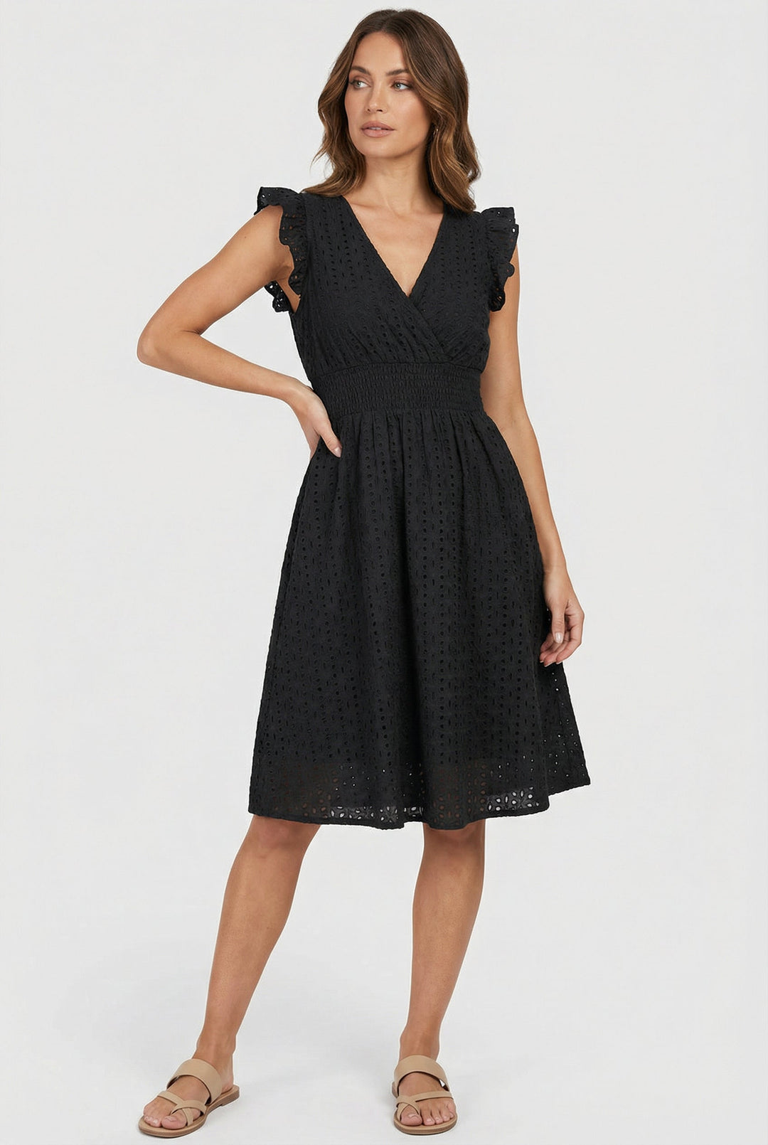 Natália | Embroidered Midi Dress with Madeira Design and Ruffled Waist