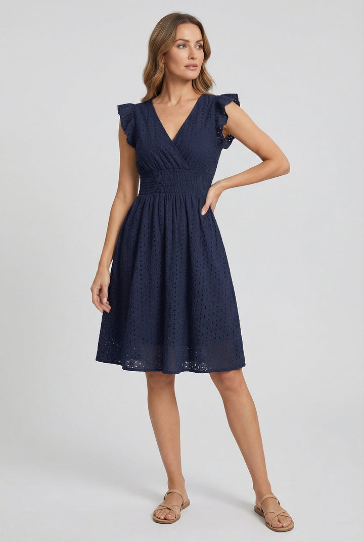 Natália | Embroidered Midi Dress with Madeira Design and Ruffled Waist