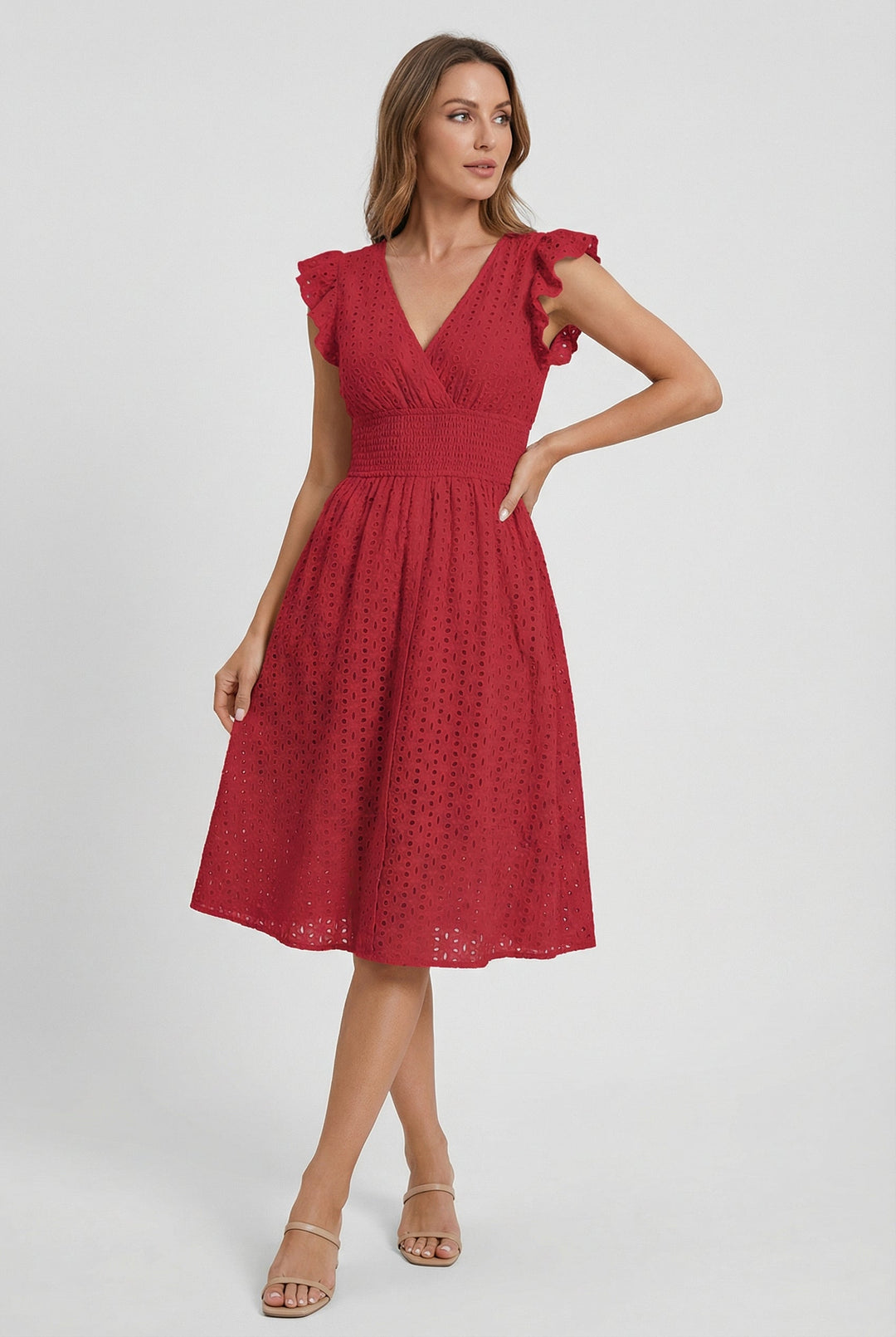 Natália | Embroidered Midi Dress with Madeira Design and Ruffled Waist