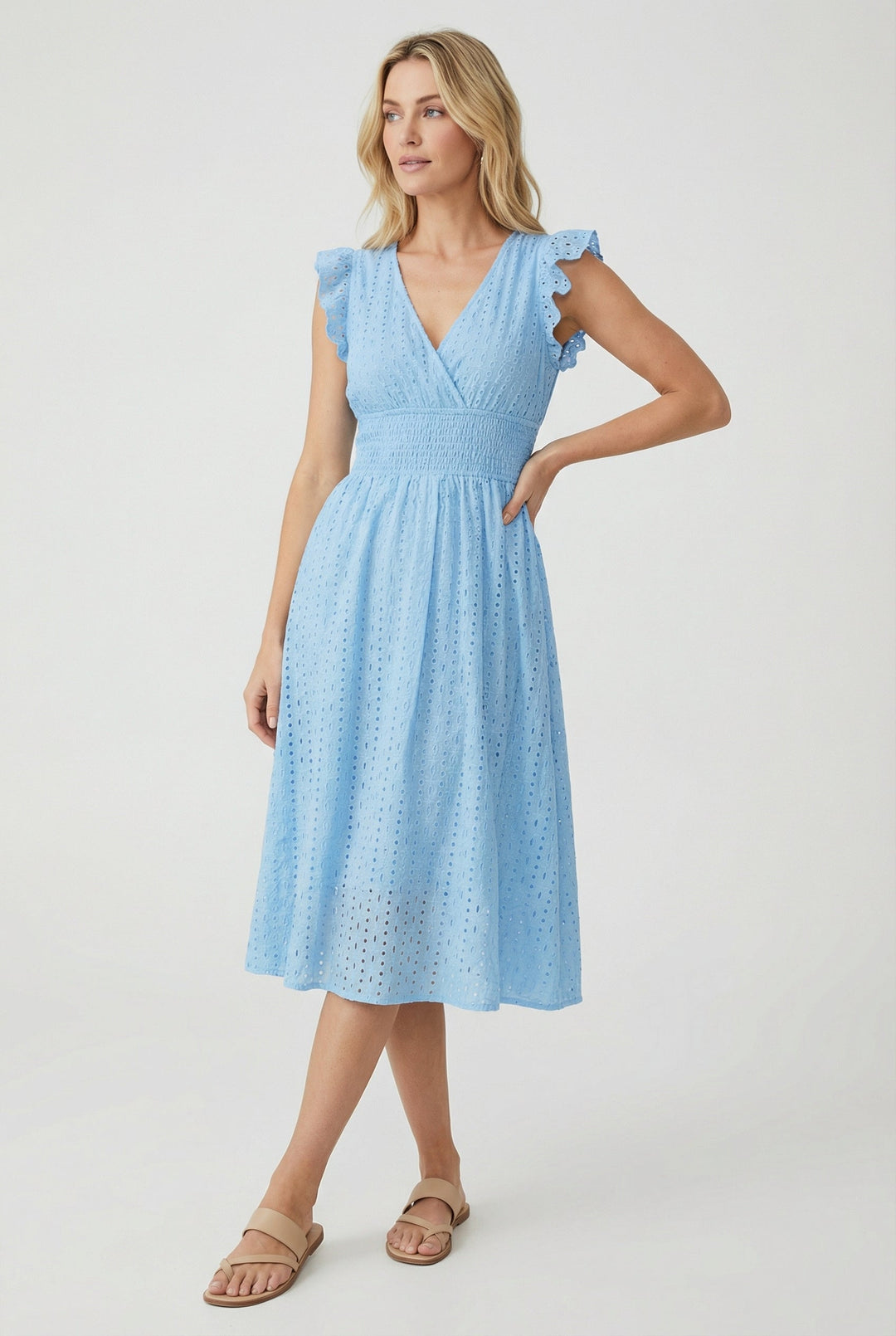 Natália | Embroidered Midi Dress with Madeira Design and Ruffled Waist