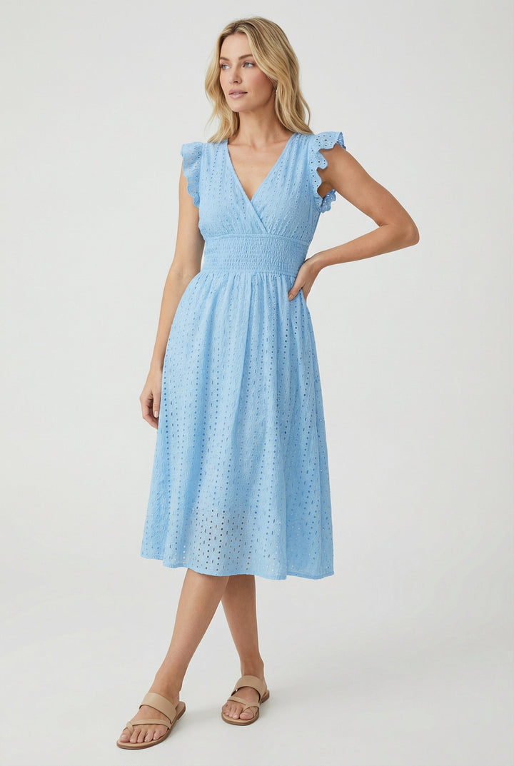 Natália | Embroidered Midi Dress with Madeira Design and Ruffled Waist