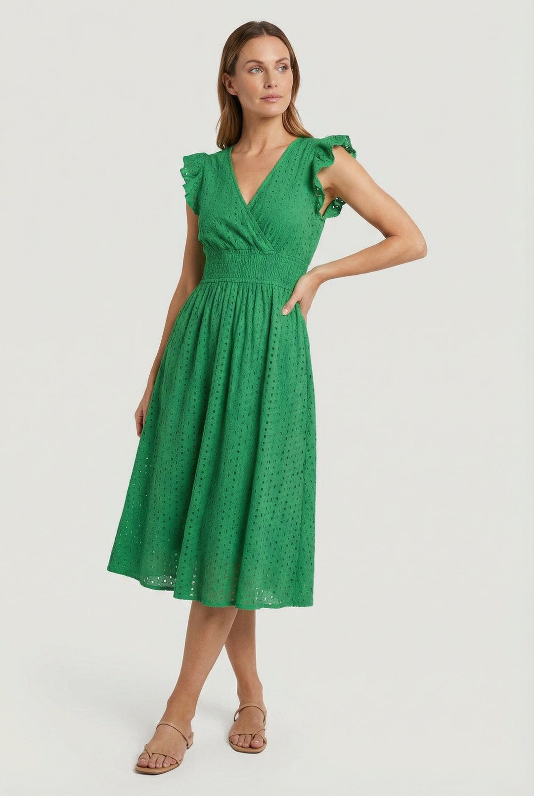 Natália | Embroidered Midi Dress with Madeira Design and Ruffled Waist