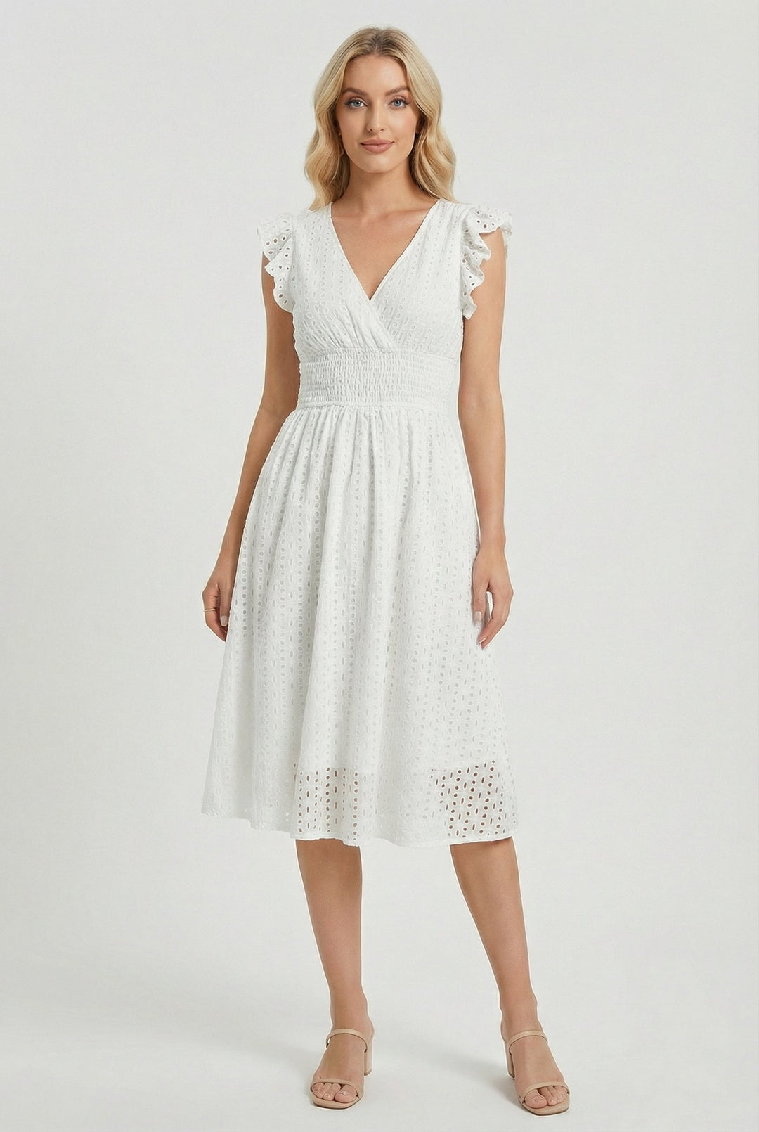 Natália | Embroidered Midi Dress with Madeira Design and Ruffled Waist