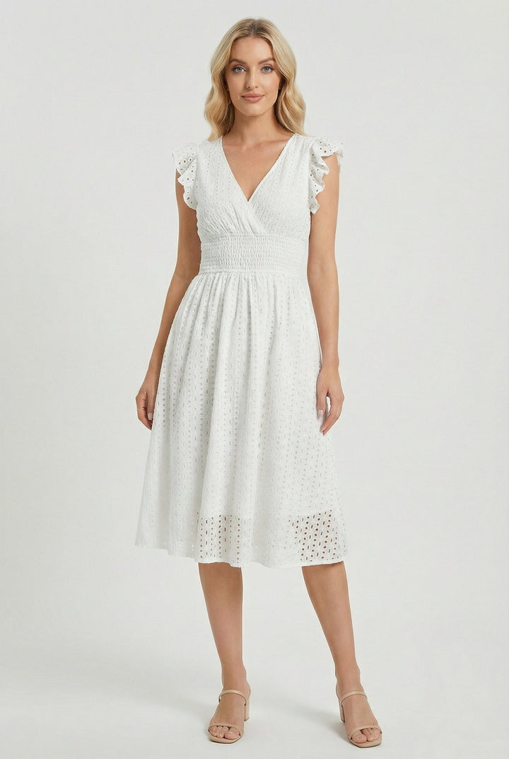 Natália | Embroidered Midi Dress with Madeira Design and Ruffled Waist