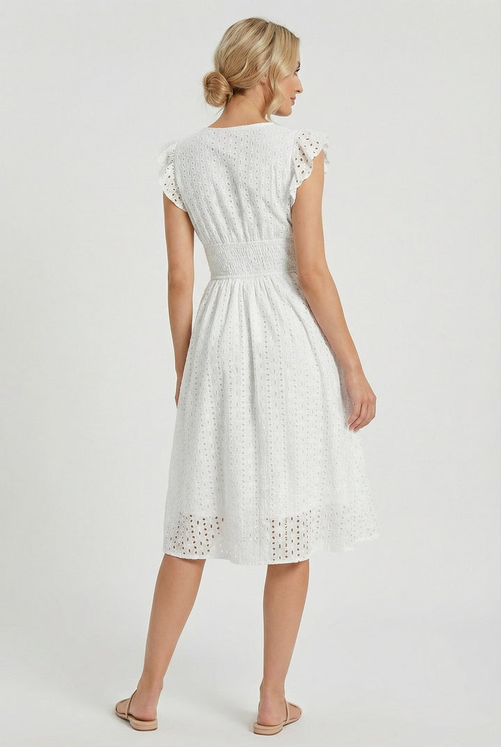 Natália | Embroidered Midi Dress with Madeira Design and Ruffled Waist