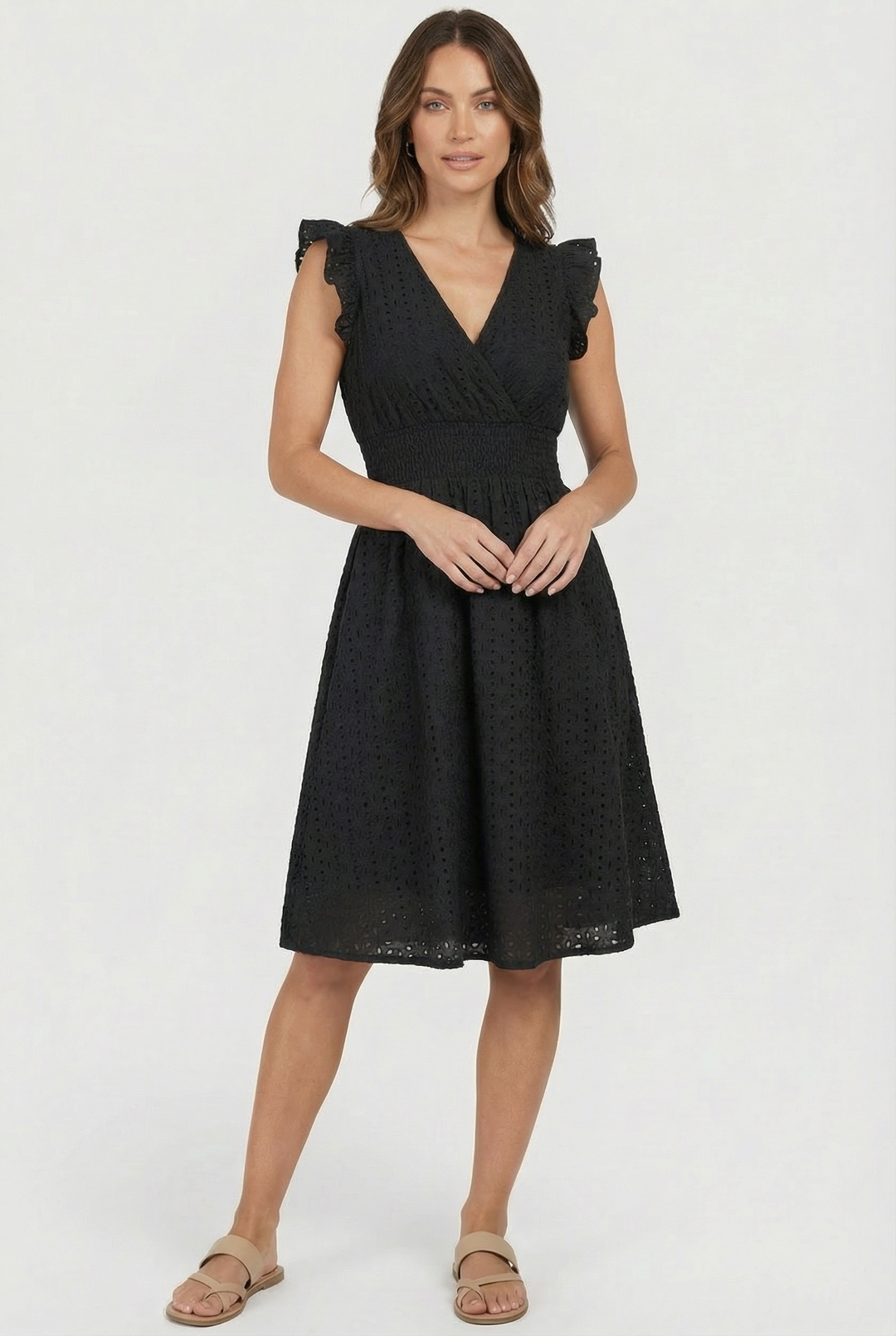 Natália | Embroidered Midi Dress with Madeira Design and Ruffled Waist
