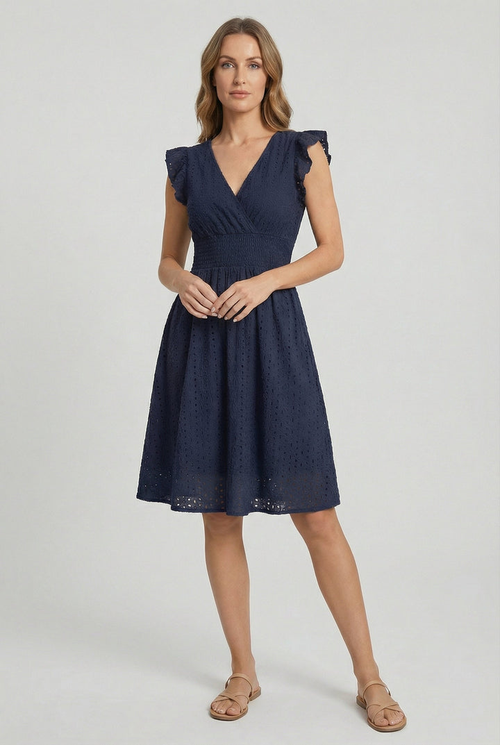 Natália | Embroidered Midi Dress with Madeira Design and Ruffled Waist