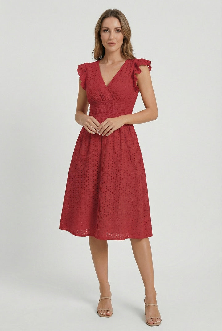 Natália | Embroidered Midi Dress with Madeira Design and Ruffled Waist