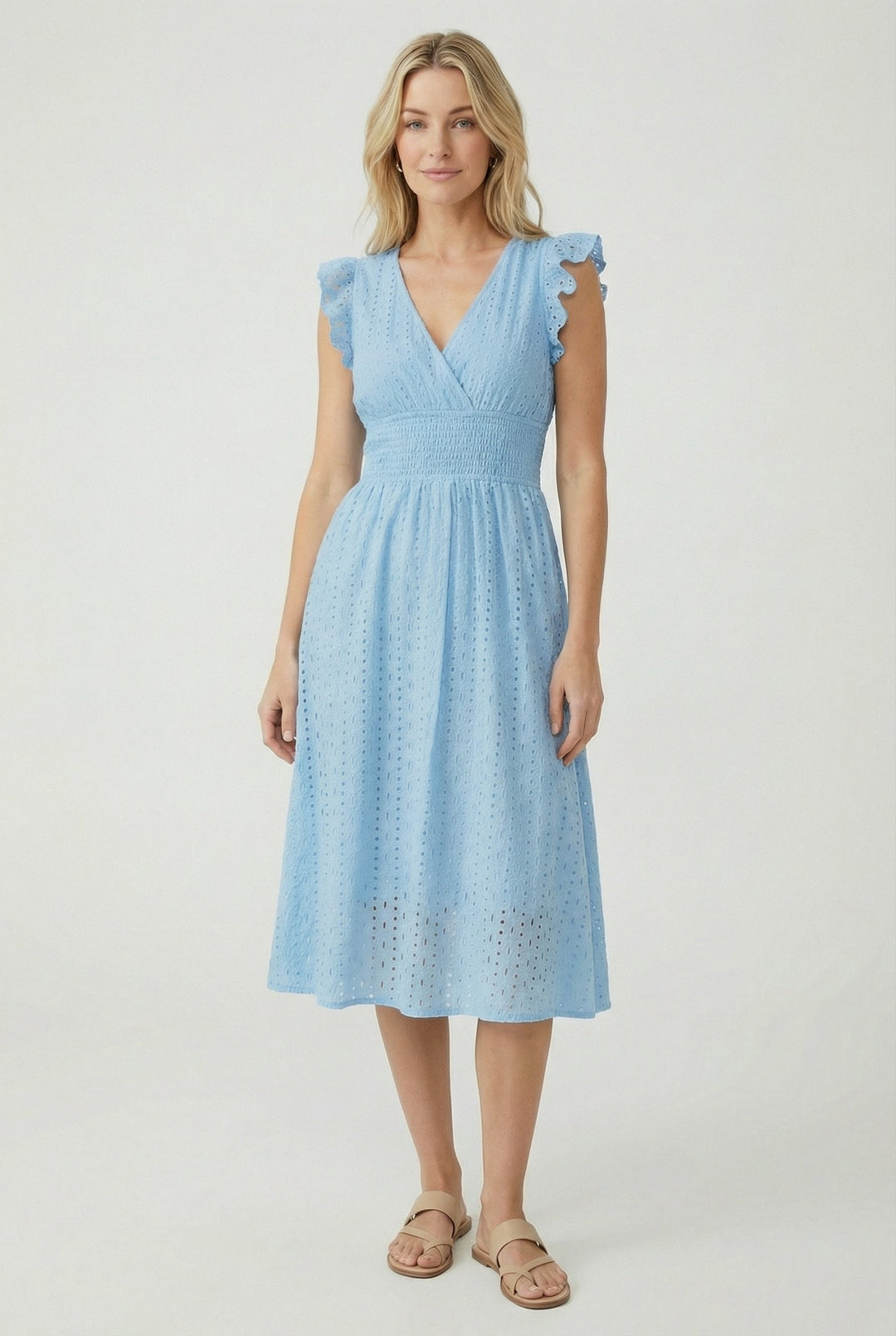 Natália | Embroidered Midi Dress with Madeira Design and Ruffled Waist