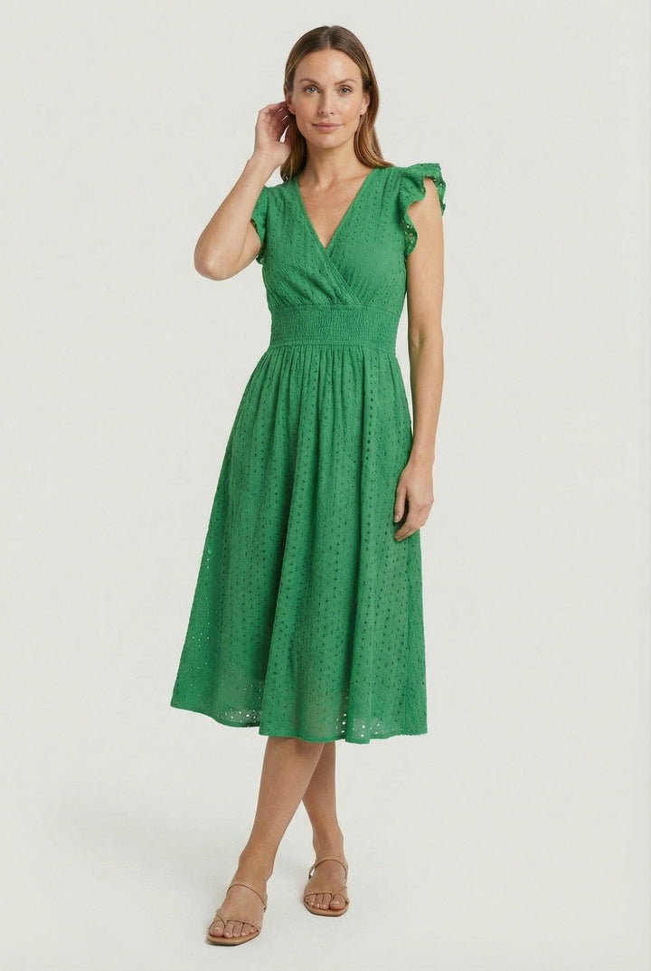 Natália | Embroidered Midi Dress with Madeira Design and Ruffled Waist