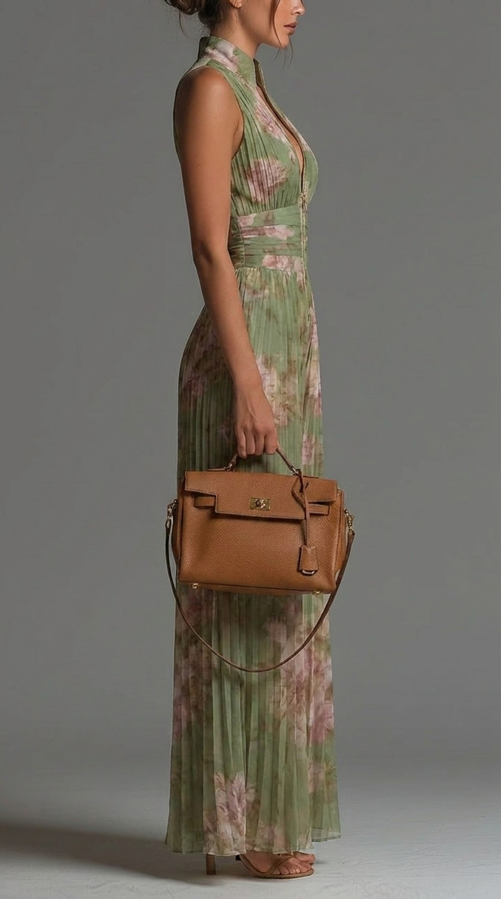 Inés | Pleated dress with floral chiffon